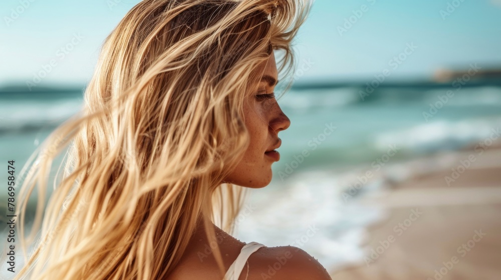 A tranquil side-view portrait of a young blonde woman on the beach, with the ocean in the background. A tranquil side-view portrait of a young blonde woman on the beach, with the ocean in the background.