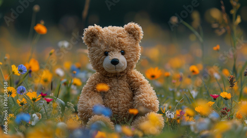 Sweet teddy bear sitting on a bed of soft green grass, surrounded by colorful wildflowers © Teddy Bear