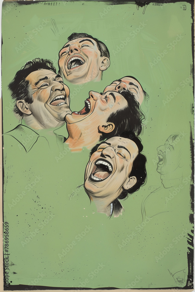 A drawing of real people laughing and being pensive - obrazy, fototapety, plakaty 