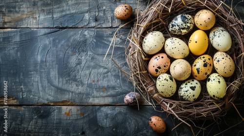 A variety of speckled Easter eggs gathered in a nest on a wooden background.