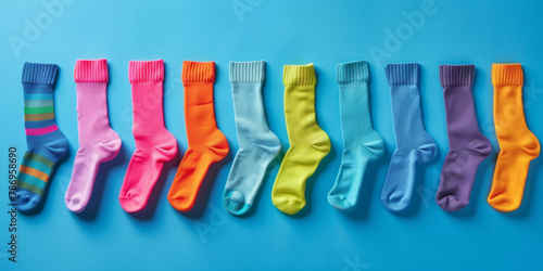 A vibrant array of multi-colored socks neatly aligned against a blue background.