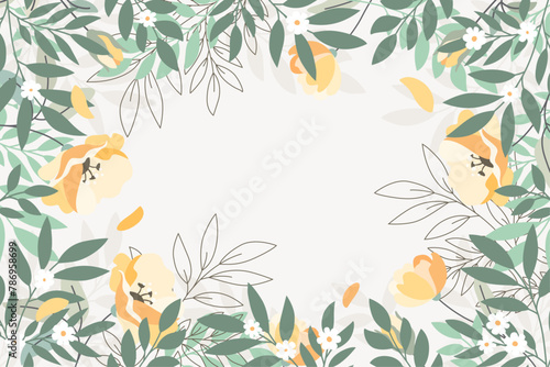 Frame decoration made of branches, leaves and flowers in vector, flat style.