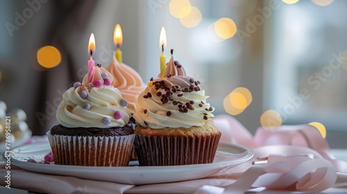 Two cupcakes with lit candles on a plate. Ideal for birthday celebrations