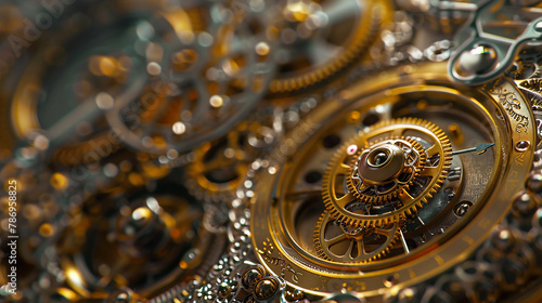 A golden mechanical clockwork mechanism with intricate gears and a clock face with Roman numerals.