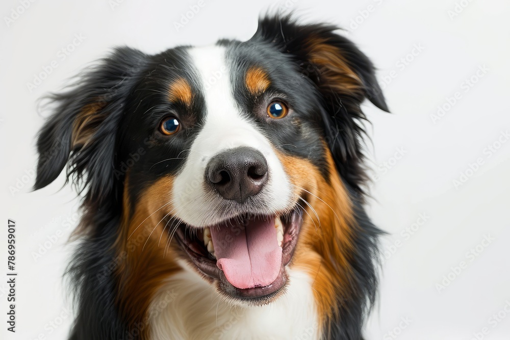 Head shot of a Happy tri-color Mongrel dog looking at the camera, isolated on white . photo on white isolated background