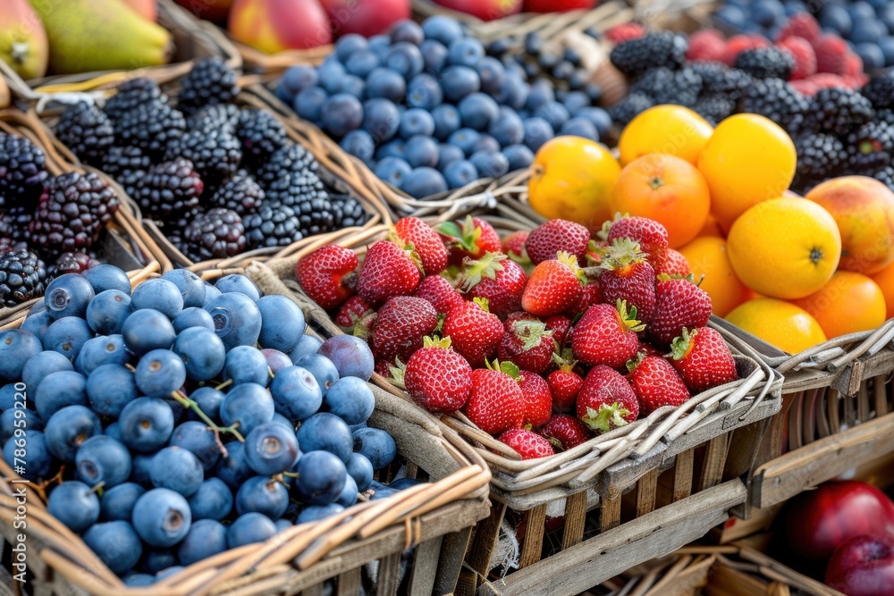 A variety of fresh fruit in overflowing baskets on the counter A variety of fresh fruit in overflowing baskets on the counter