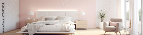 A serene bedroom with soft  pastel hues and minimalist furnishings  offering plenty of copy space for restful nights.