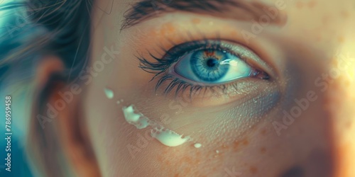 Close-up of a person's eye with a single tear drop falling, emotional moment.