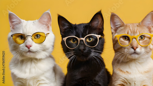 Group of cats with eyeglasses on yellow background, closeup
