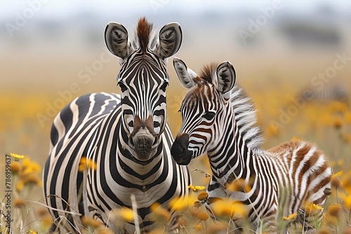 Two zebras standing in yellow flower field. Photograph of ecoregion nature