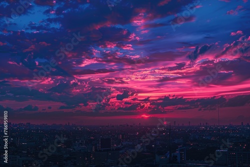 A stunning view of the sun setting over the city skyline  perfect for urban landscapes