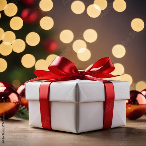 Wallpaper Mural Gift box with red ribbon on bokeh christmas background Torontodigital.ca