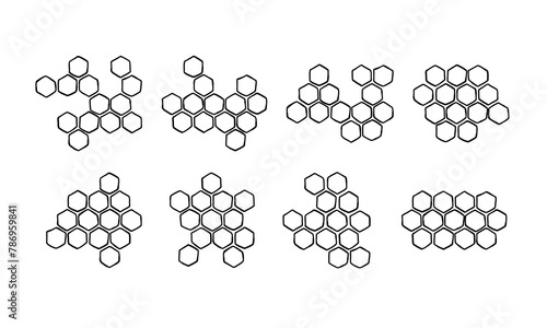 Honeycomb set. Doodle hand drawn Propolis honeycomb structure. Honey, pollen, wax, parchment and bee products in sketch style. Stock black and white illustration on a white background.