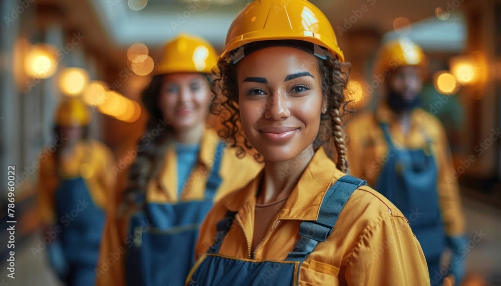 Construction workers in hard hats and overalls smiling in hallway Construction workers in hard hats and overalls smiling in hallway