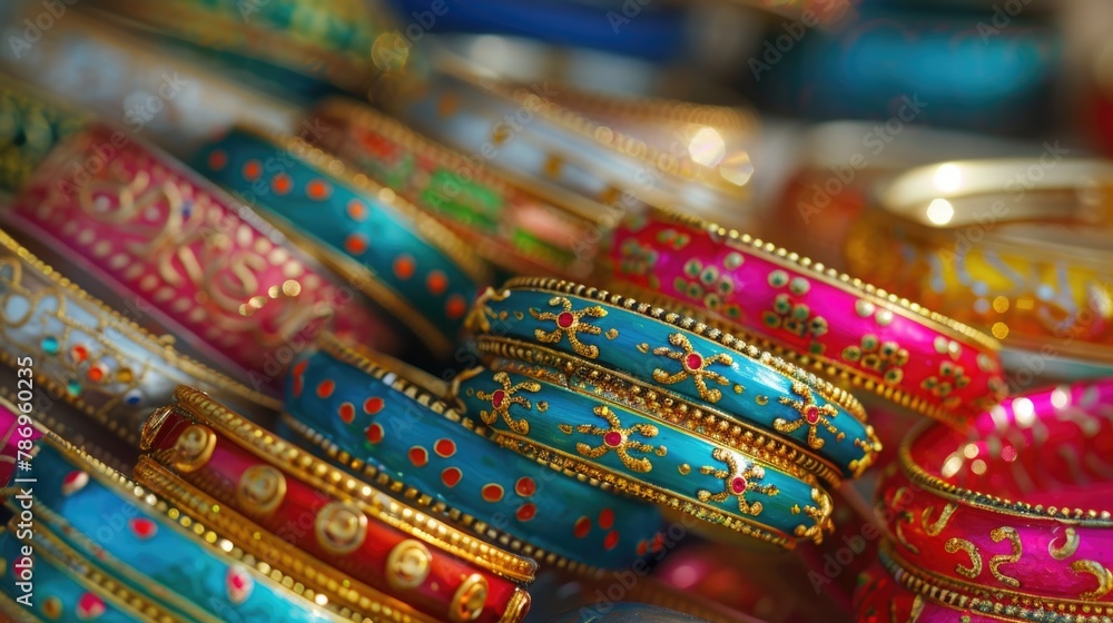A vibrant close-up of a pile of colorful bangles. Perfect for fashion or cultural themed designs