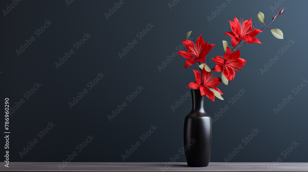 A single, vibrant flower in a sleek vase against the backdrop of a dark, elegant room with ample copy space. - obrazy, fototapety, plakaty 