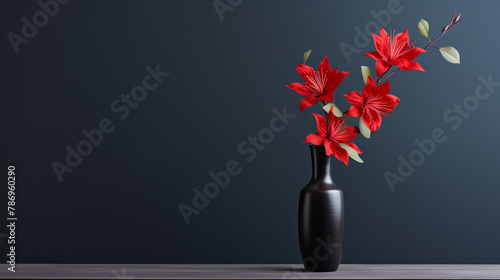 A single, vibrant flower in a sleek vase against the backdrop of a dark, elegant room with ample copy space. © Awais