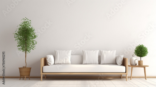 A minimalist Scandinavian interior showcasing a stylish sofa and modern coffee table, with an empty wall presenting a blank canvas for personalized artwork or decorations.