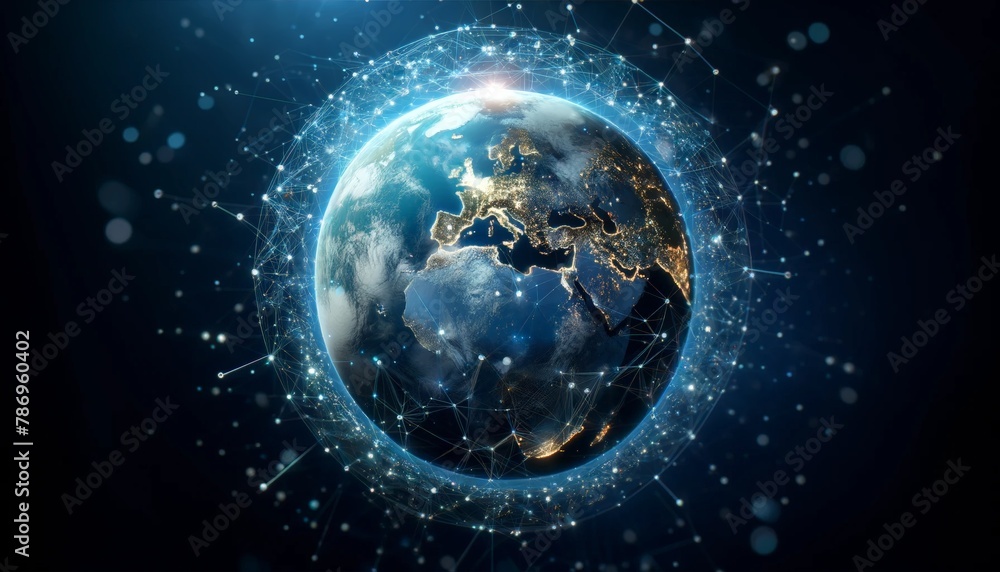 Fototapeta premium Digital earth symbolizing global network, data transfer, cyber tech, info exchange, and telecommunication.