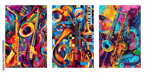 Set of abstract musical instruments backgrounds. Colorful vector design elements for poster, flyer, cards and web. © dehweh