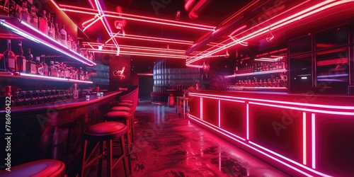 A cozy bar with neon lights and stools, ideal for nightlife concepts © Fotograf