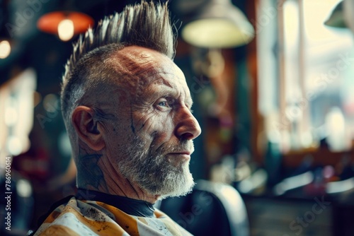 A man with a mohawk hairstyle sitting in a barber shop. Suitable for barbershop or hairstyling concepts