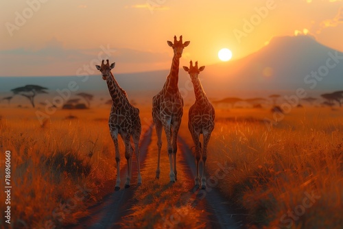 Three giraffes are peacefully grazing in a field under the colorful sunset sky