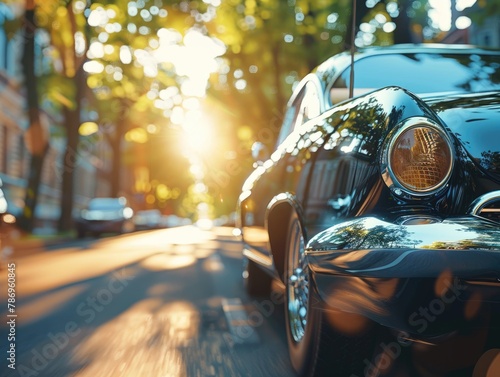 Old cars driving on the road, shining with sunlight