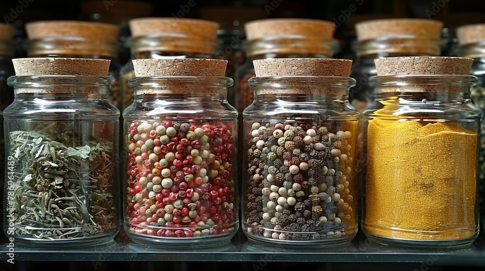 Row of Glass Jars Filled With Various Spices Row of Glass Jars Filled With Various Spices
