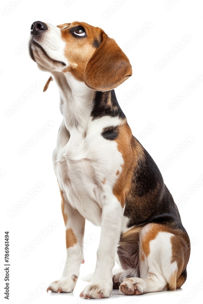 A beagle dog sitting on a white surface, looking up. Perfect for pet-related designs
