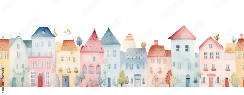 cute houses seamless border watercolor village illustration, town digital frame clipart