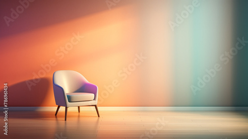 A sleek  modern chair positioned in the corner of an empty  elegant room  bathed in soft  colorful light.