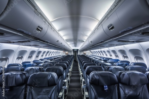 Inside view of an empty commercial airplane cabin with rows of blue leather seats and overhead compartments.