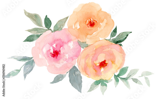 Rose florals in pink and orange watercolor arrangement border clip art, vintage style hand painted 
