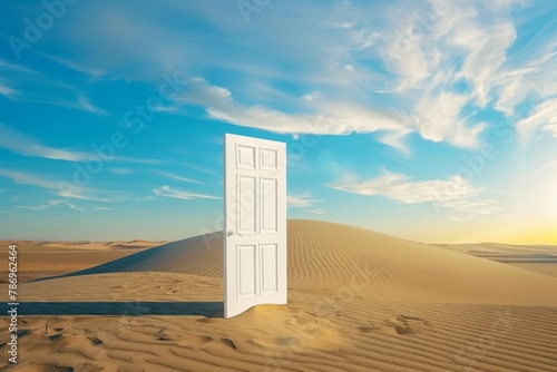 Conceptual image of a single white door standing in the middle of a sandy desert, representing opportunity.