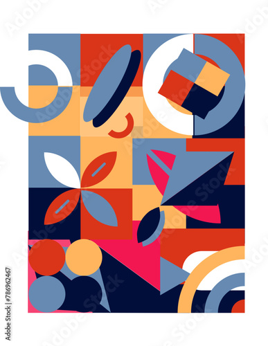 A colorful abstract painting with many shapes and circles