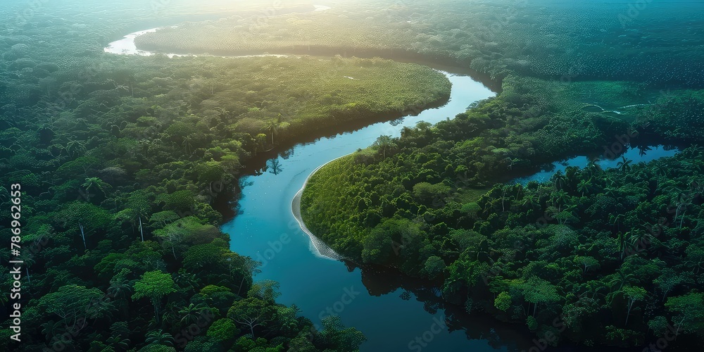 Aerial view of green grass forest with river flowing through the forest in