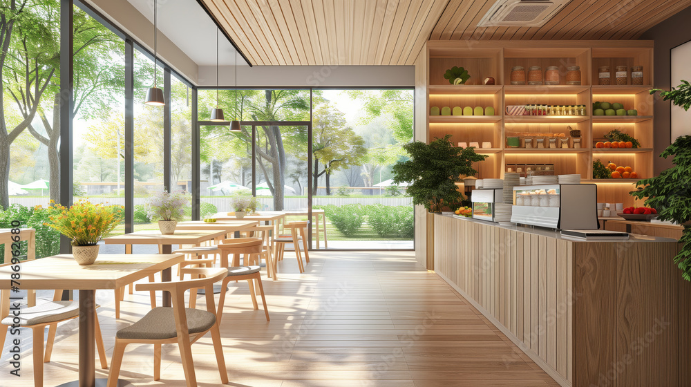Fototapeta premium Bright and modern cafe interior with large windows and wooden furniture, set against a natural outdoor backdrop. Generative AI