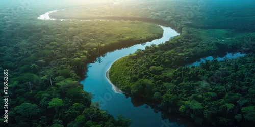 Aerial view of green grass forest with river flowing through the forest in