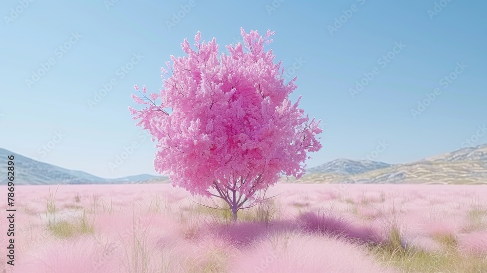 Ethereal Pink Tree Landscape: Hyperrealistic 3D Render in Bright Pastel ...