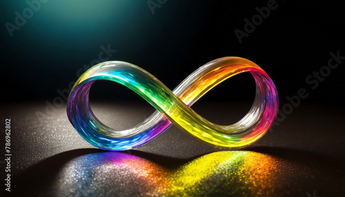 Rainbow-colored infinite symbols made of glass shine in the dark. photo