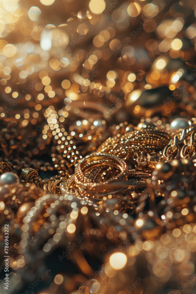A pile of gold jewelry displayed on a table. Perfect for luxury and fashion concepts A pile of gold jewelry displayed on a table. Perfect for luxury and fashion concepts