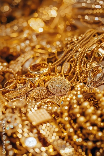 Stack of gold jewelry on a table, suitable for luxury and fashion concepts