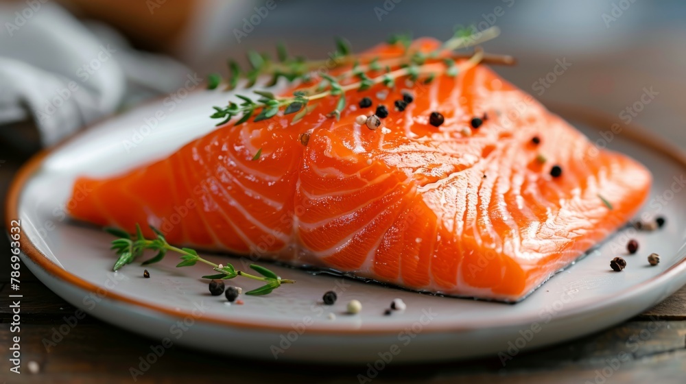 Raw salmon filet seasoned with fresh herbs and spices on a ceramic plate, ready to cook. Raw salmon filet seasoned with fresh herbs and spices on a ceramic plate, ready to cook.