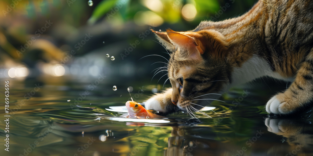Katze lauert am Gartenteich und versucht einen Fisch zu fangen Stock