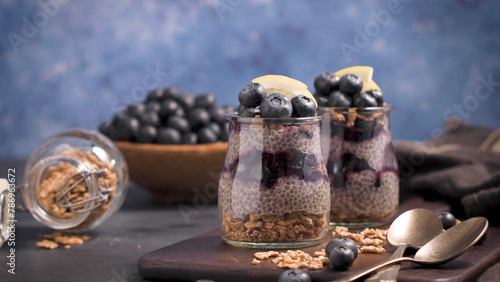 Fototapeta Naklejka Na Ścianę i Meble -  Chia pudding with blueberries
