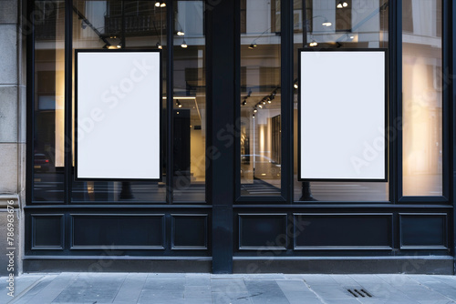 Two blank white posters in black frames on a building exterior, street scene with modern facade, concept of advertising space. Generative AI