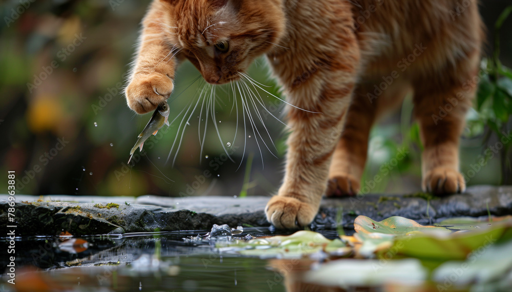 Katze lauert am Gartenteich und versucht einen Fisch zu fangen Stock