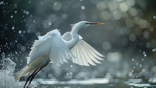 A Pelecaniformes bird in the water, wings spread in a majestic display photo