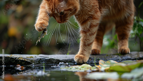 Katze lauert am Gartenteich und versucht einen Fisch zu fangen
